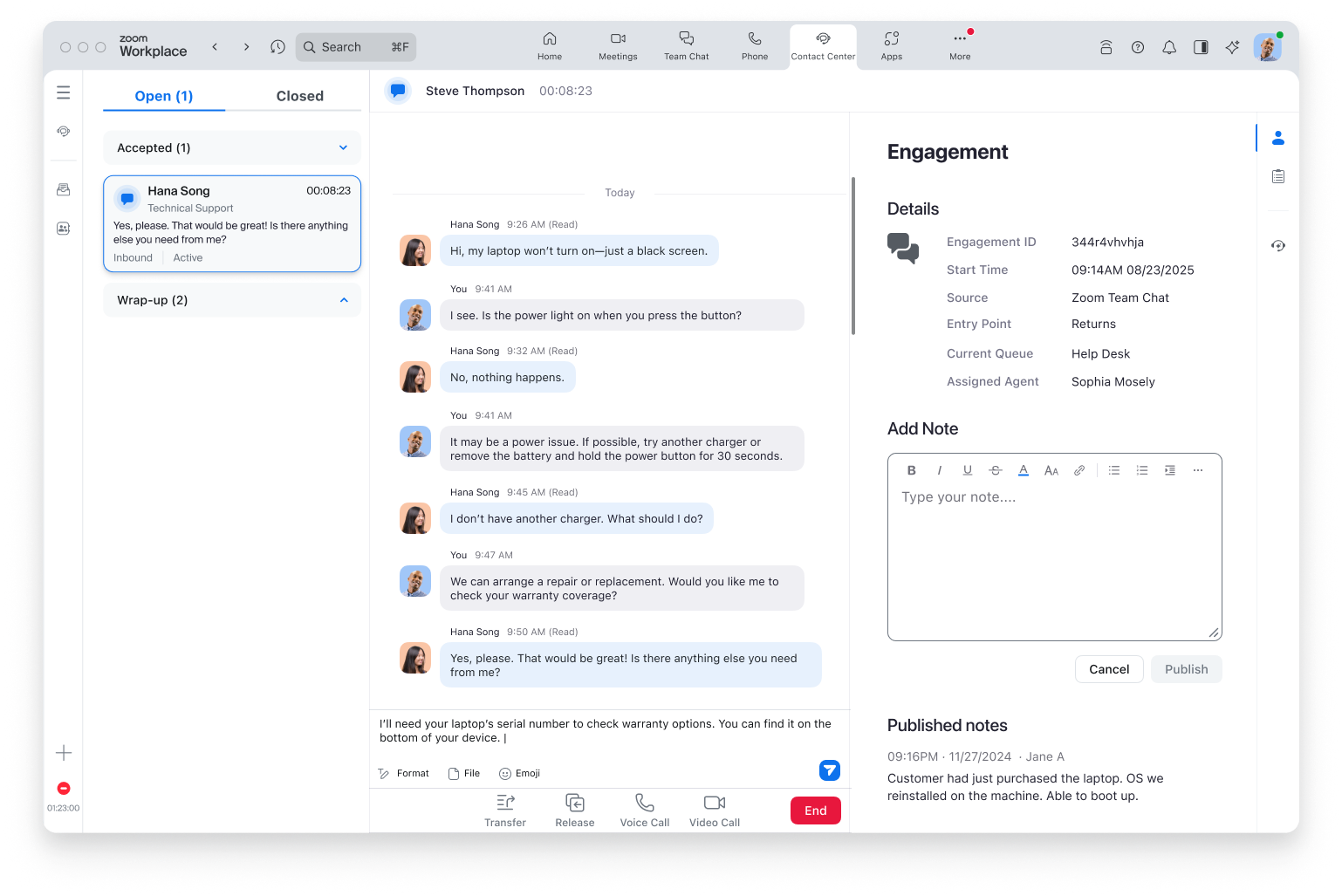 Zoom Contact Center Team Chat support channel