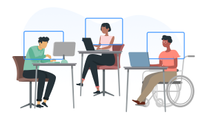 Cartoon van 3 vrouwen die aan een bureau werken