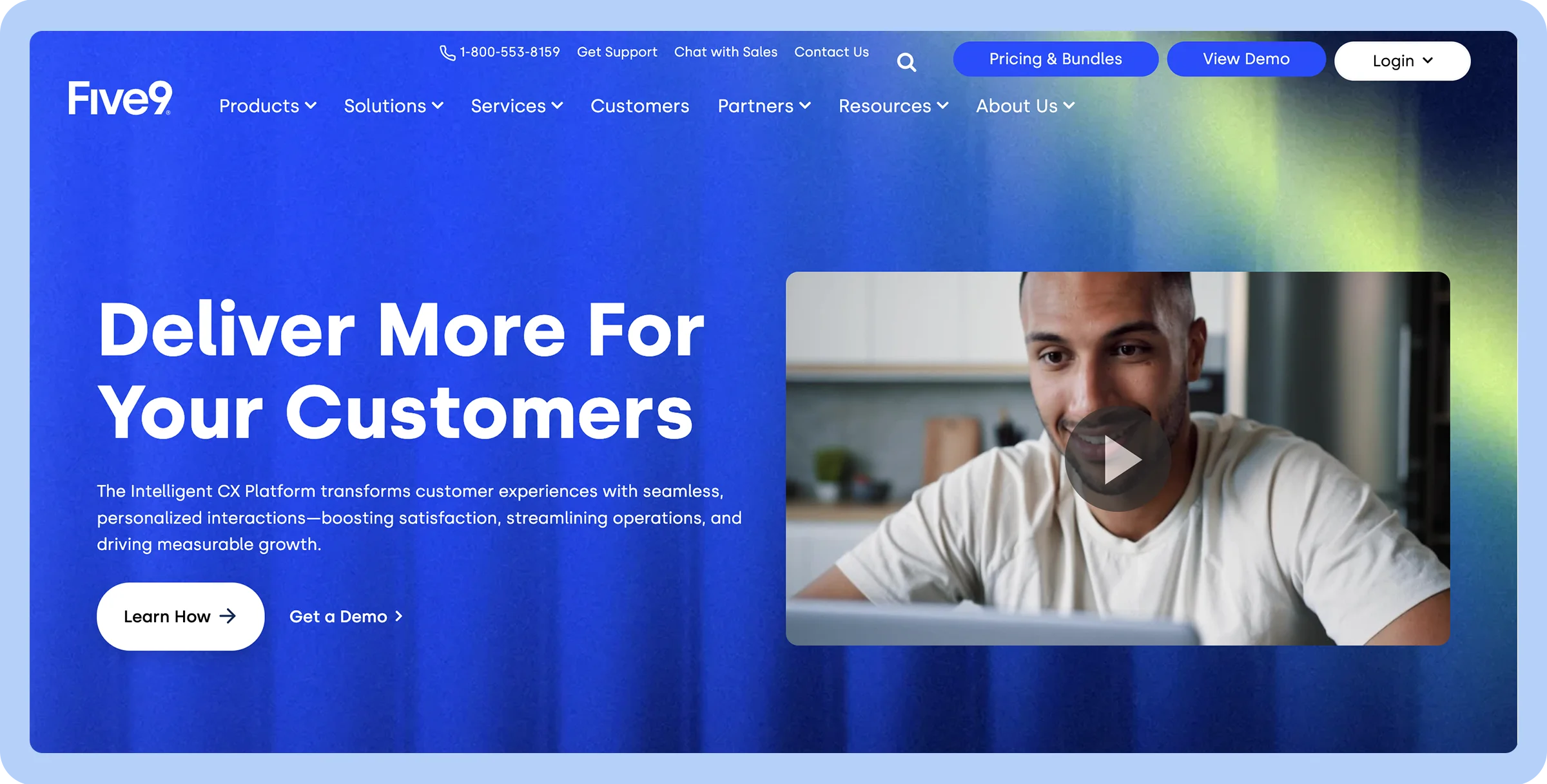 Stylized screenshot of Five9’s homepage featuring a man in white t-shirt.
