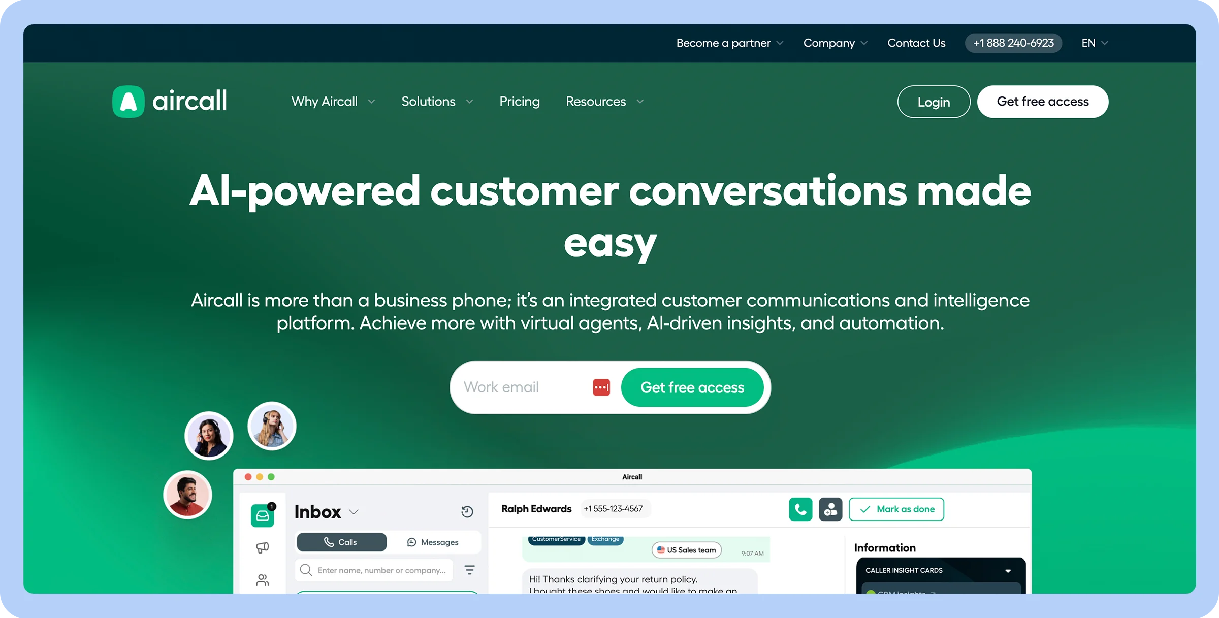 Stylized screenshot of Aircall’s homepage.