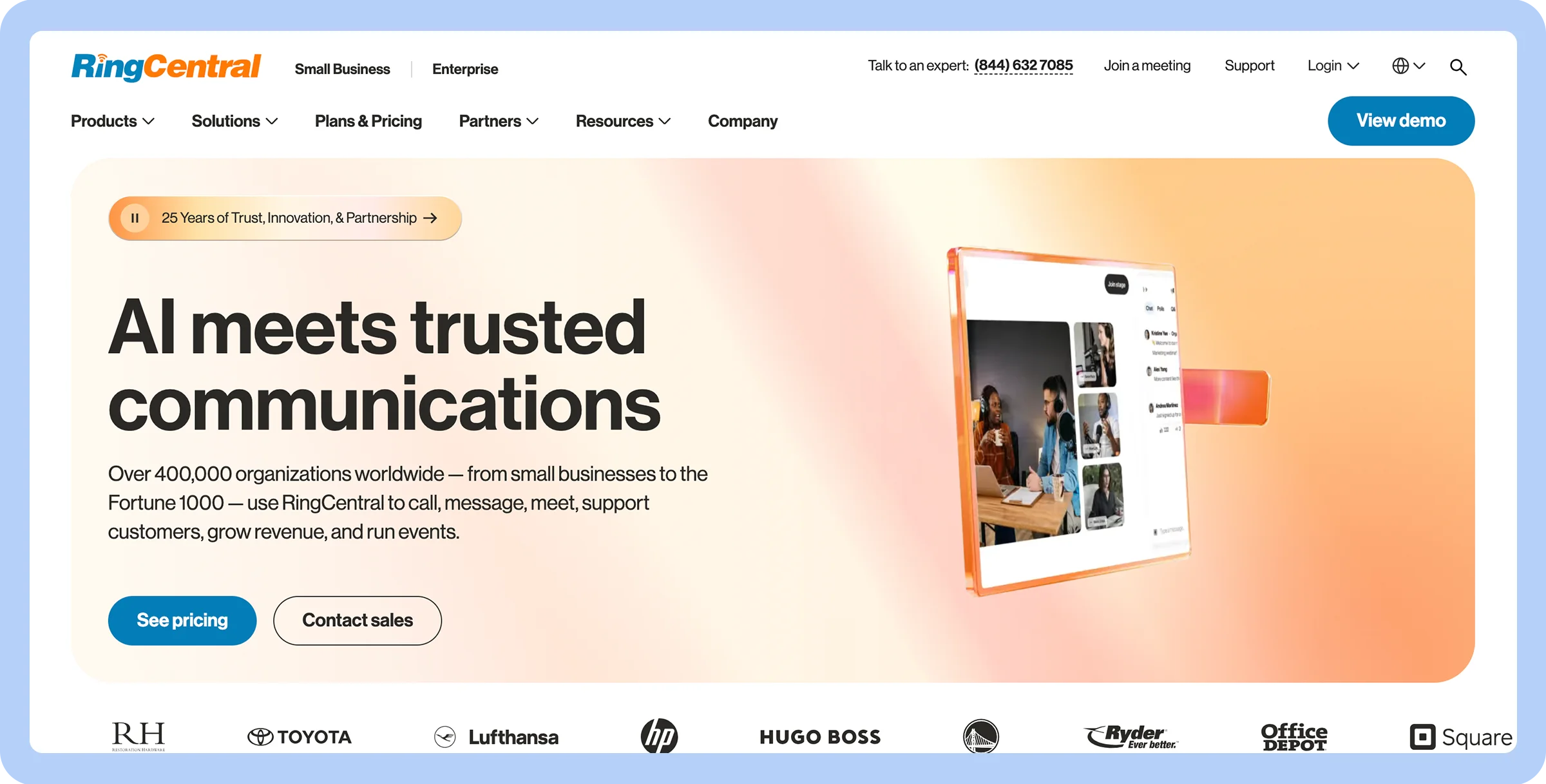 Stylized screenshot of RingCentral’s homepage.