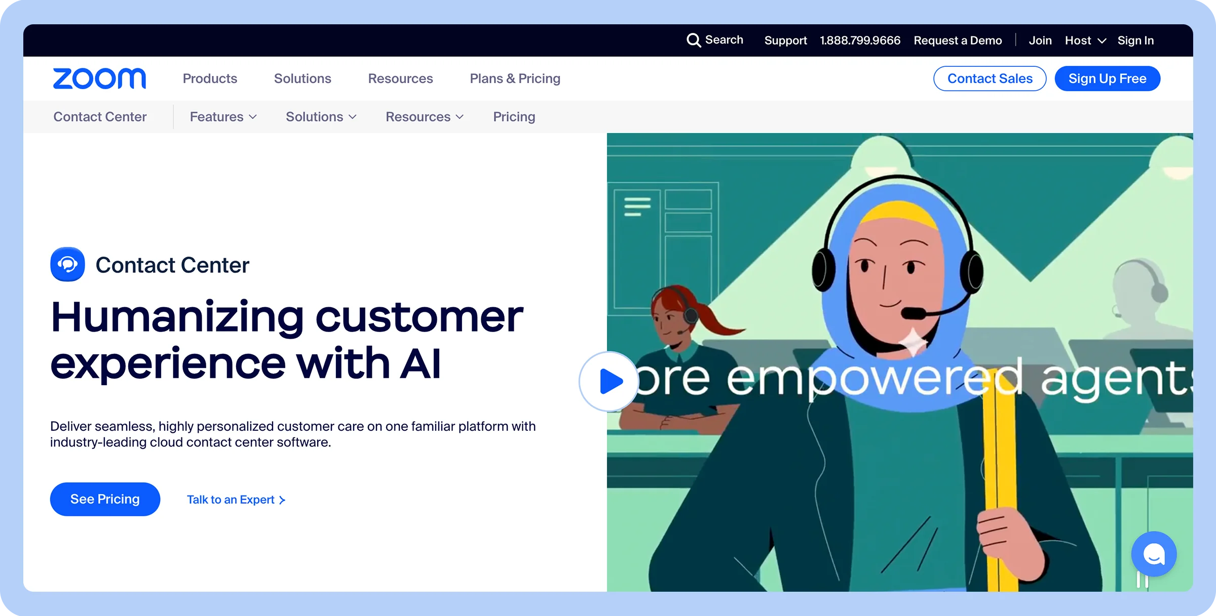Stylized screenshot of Zoom’s homepage showing animated woman with headphones on.