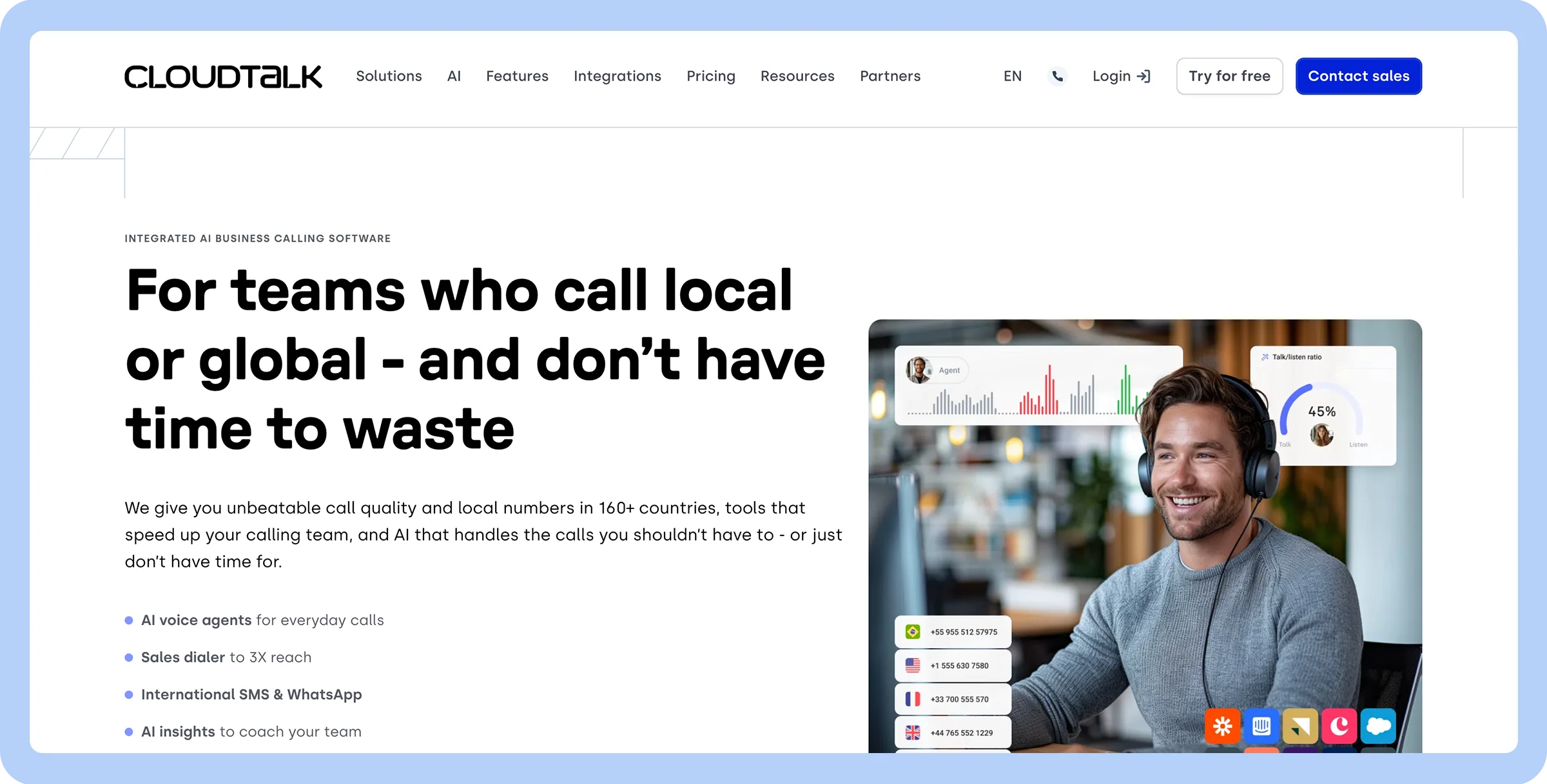 Stylized screenshot of CloudTalk’s homepage featuring a man in a grey long sleeve T-shirt.