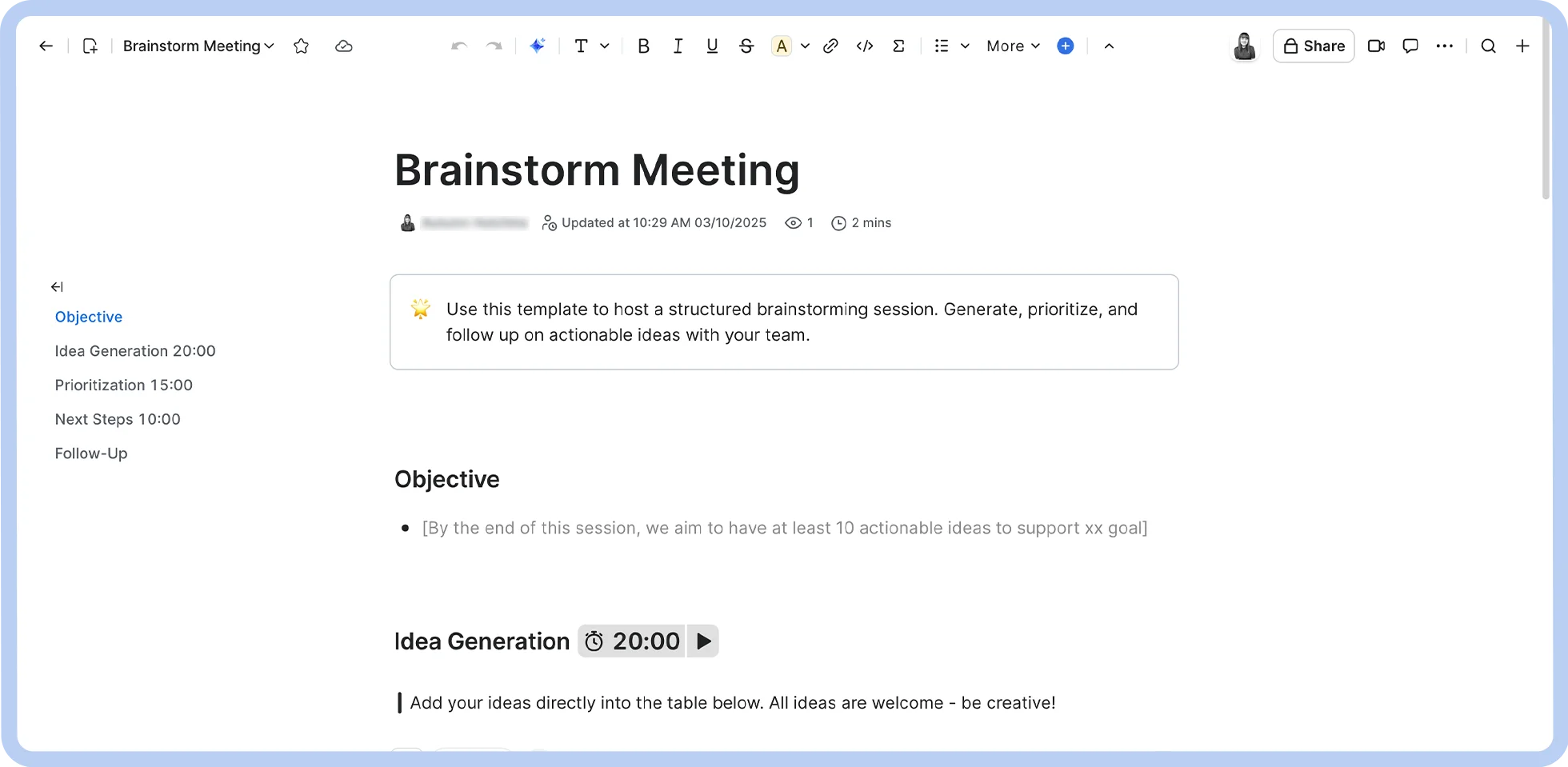 A screenshot of a Zoom Docs template.